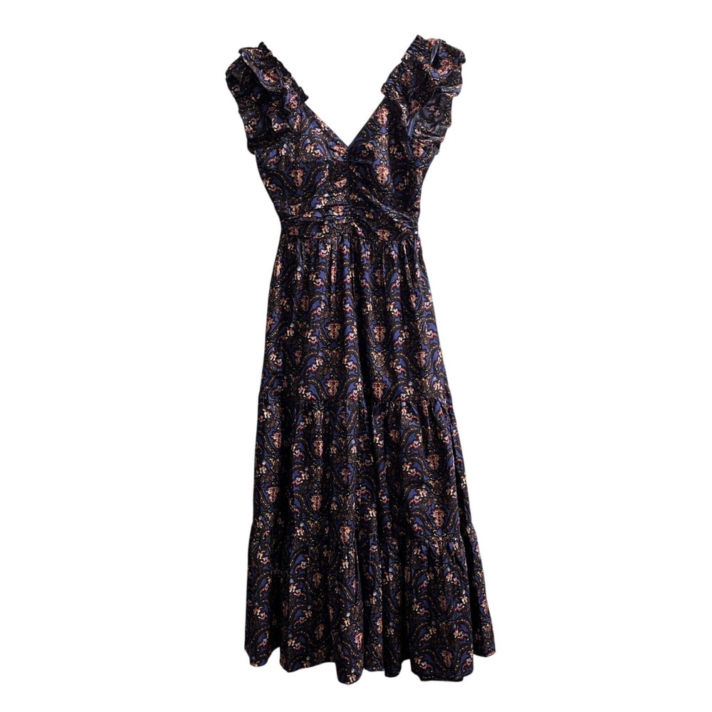 Caroline Constas Maxi Dress Blue Pansy Ruffle Tiered Floral Garden Party XS